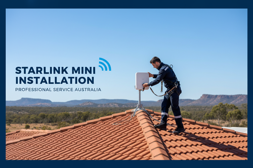 Technician installing Starlink Mini dish on Australian rooftop